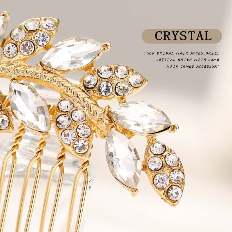 Foyte Crystal Bride Wedding Hair Comb Leaf Bridal Headpieces Rhinestone Hair Pieces Bridesmaid Side Combs Hair Accessories for Women (gold leaf) - Image 5